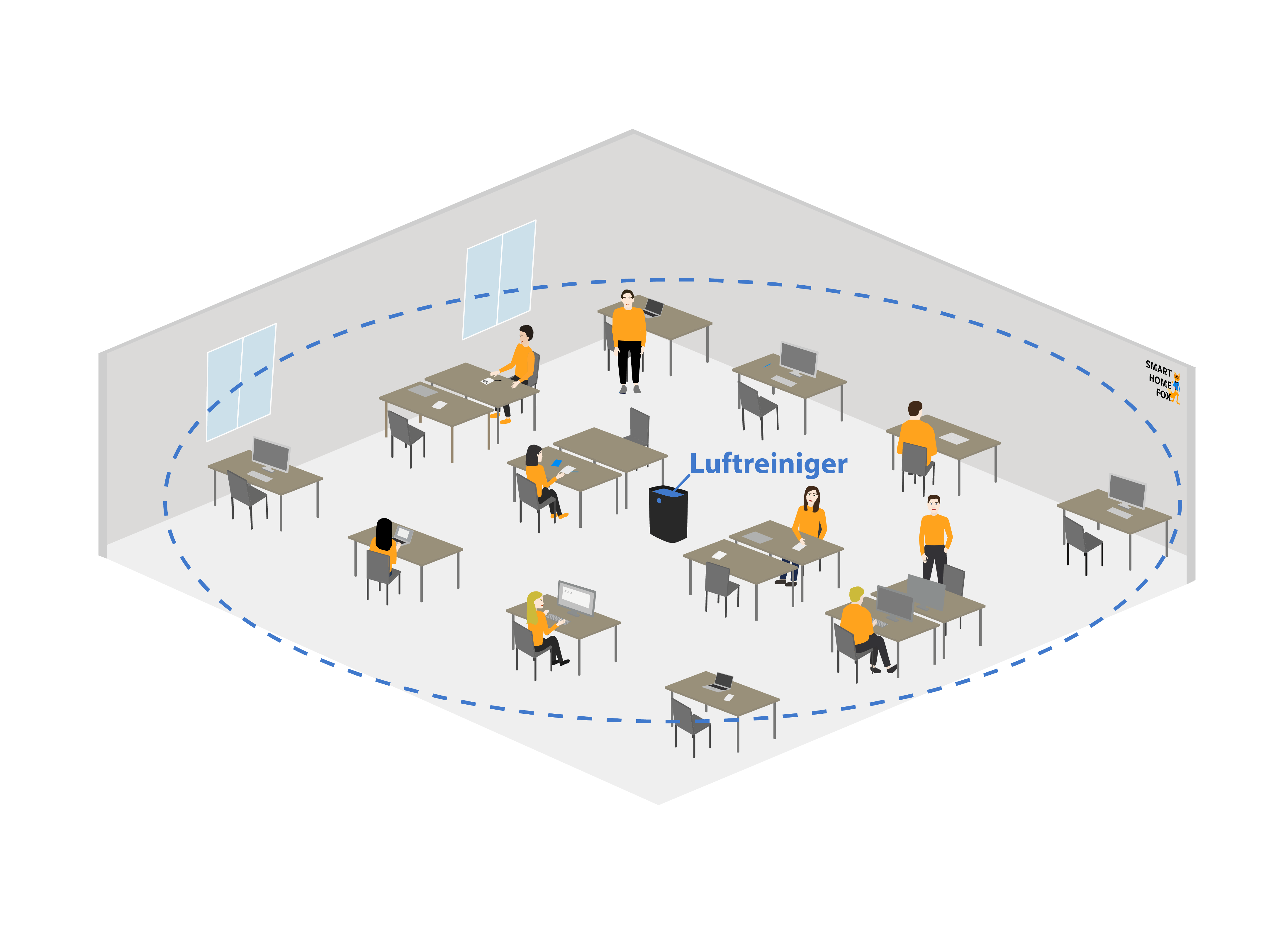 Ein kleiner Luftreiniger steht in einem großen Raum